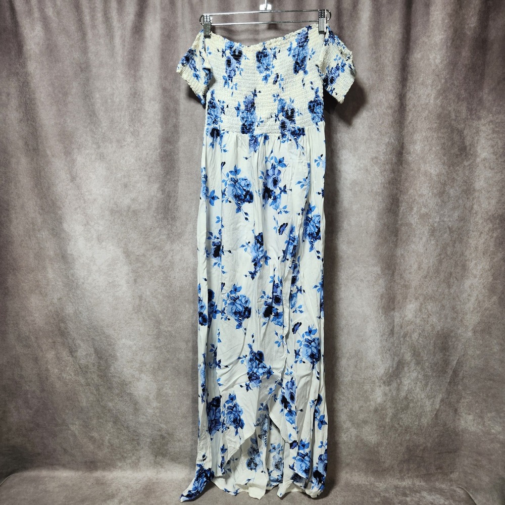 Altar'd State Rivera Blue White Floral Smocked Off Shoulder Maxi Dress Small